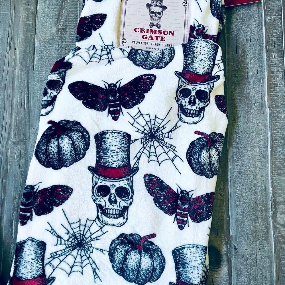 Halloween Gothic Skull Moth Spiderweb Crimson Throw Blanket